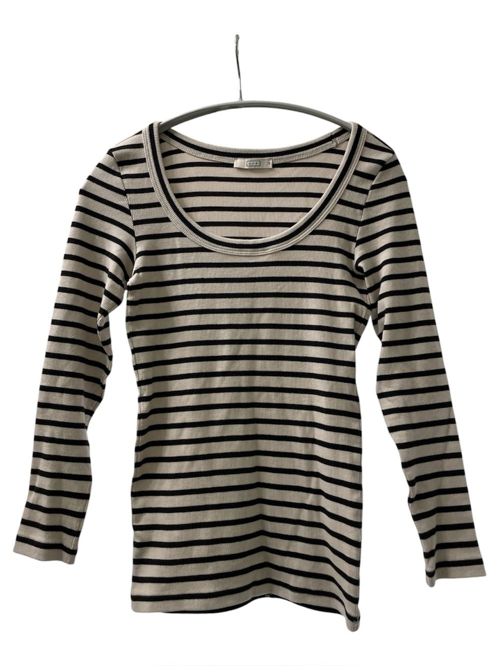 Ayr Sand And Black Striped Ribbed Scoop Neck Shirt